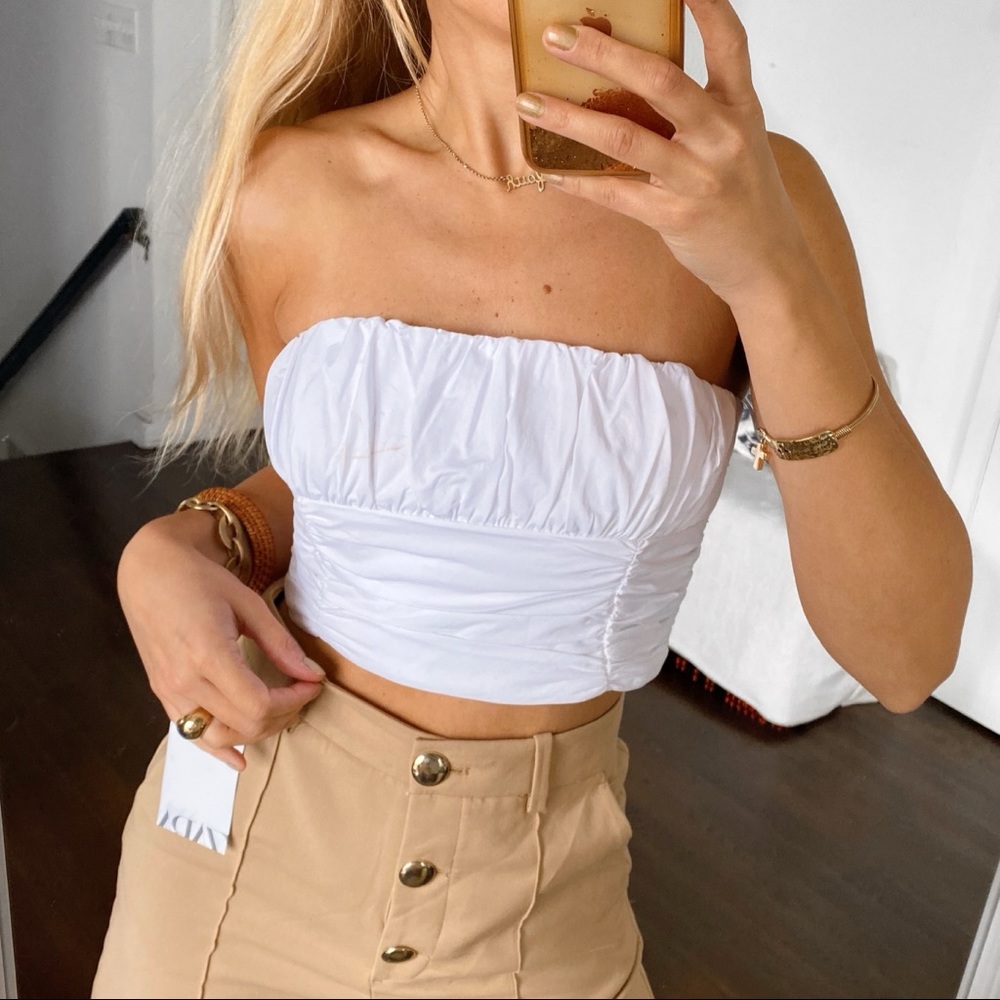 🐚 ZARA WHITE COTTON BLEND STRAPLESS CROP TOP!